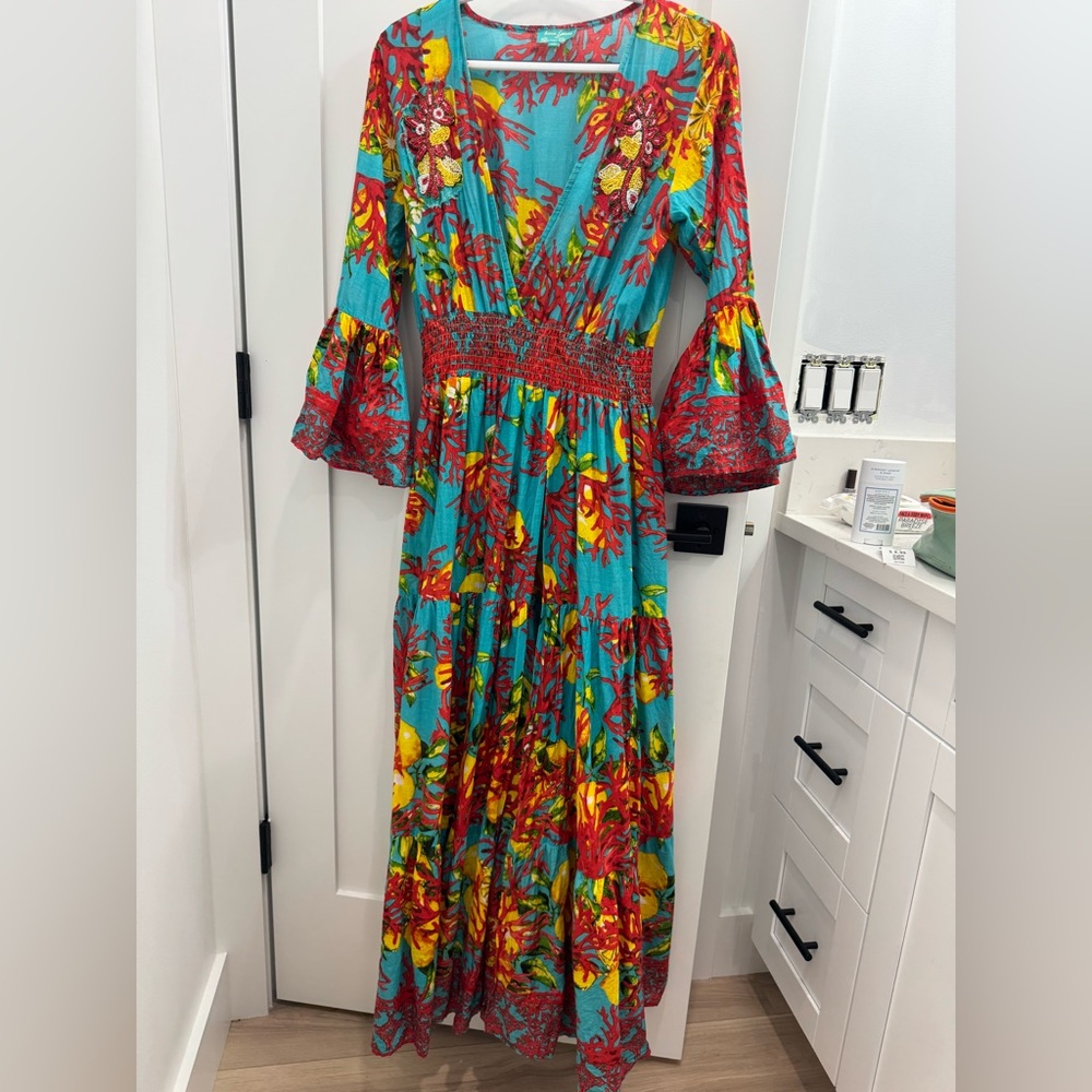 Antica Santoria Blue and Red V-Neck Sundress with 3/4 Bell Sleeves one size